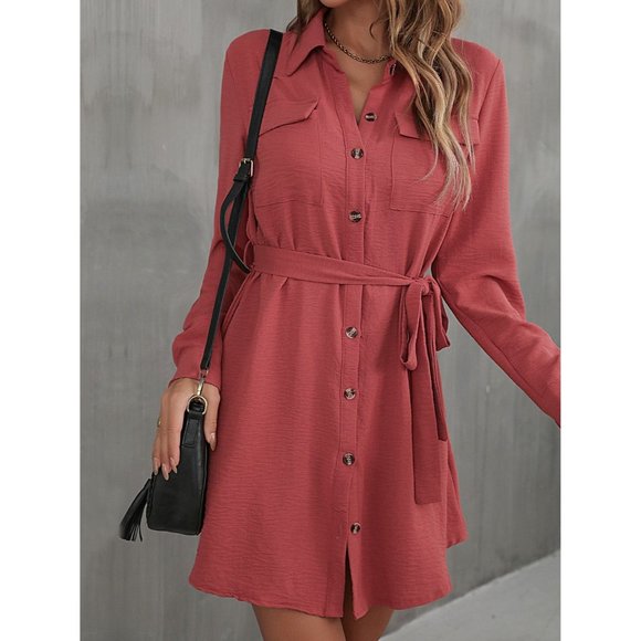 Button Down Belted Long Sleeve Shirt Dress - Picture 5 of 6